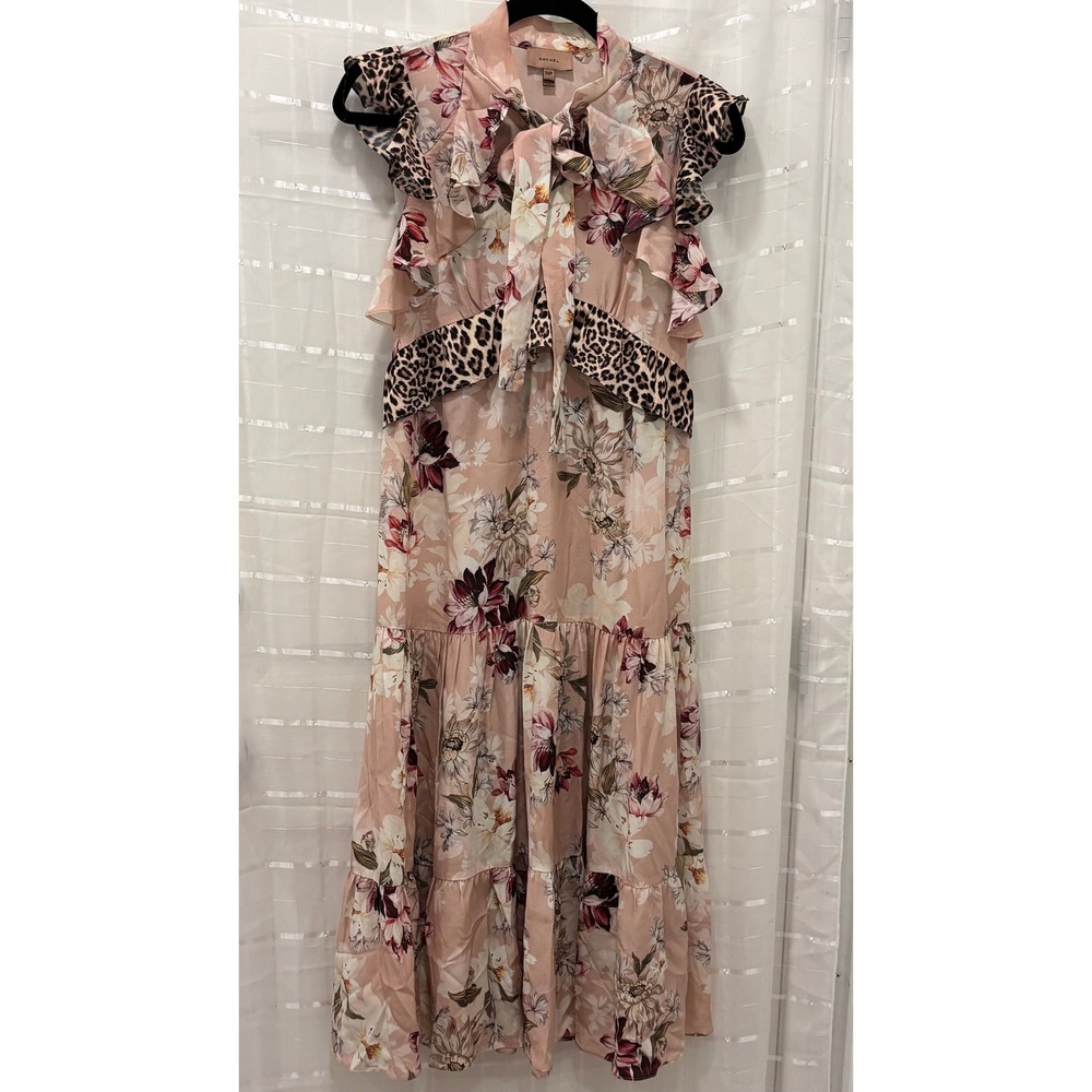 Anthropologie‎ Kachel Silk Floral Print Tiered Maxi Dress Pink Ruffle Neck 00P